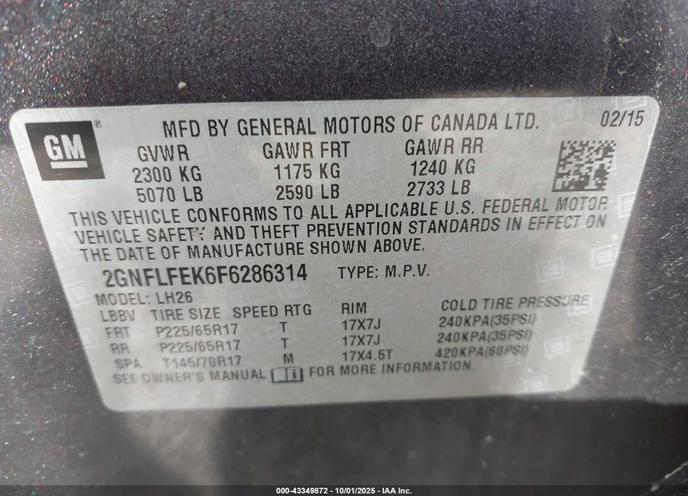 2015 CHEVROLET EQUINOX VIN: 2GNFLFEK6F6286314