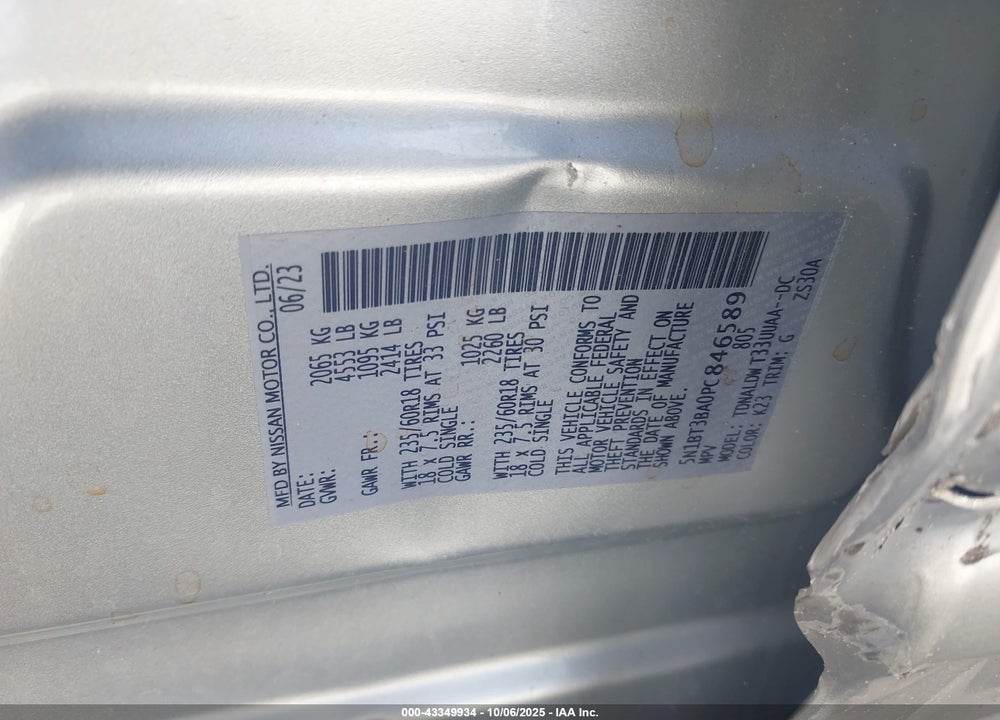 2023 NISSAN ROGUE SV FWD VIN: 5N1BT3BA0PC846589