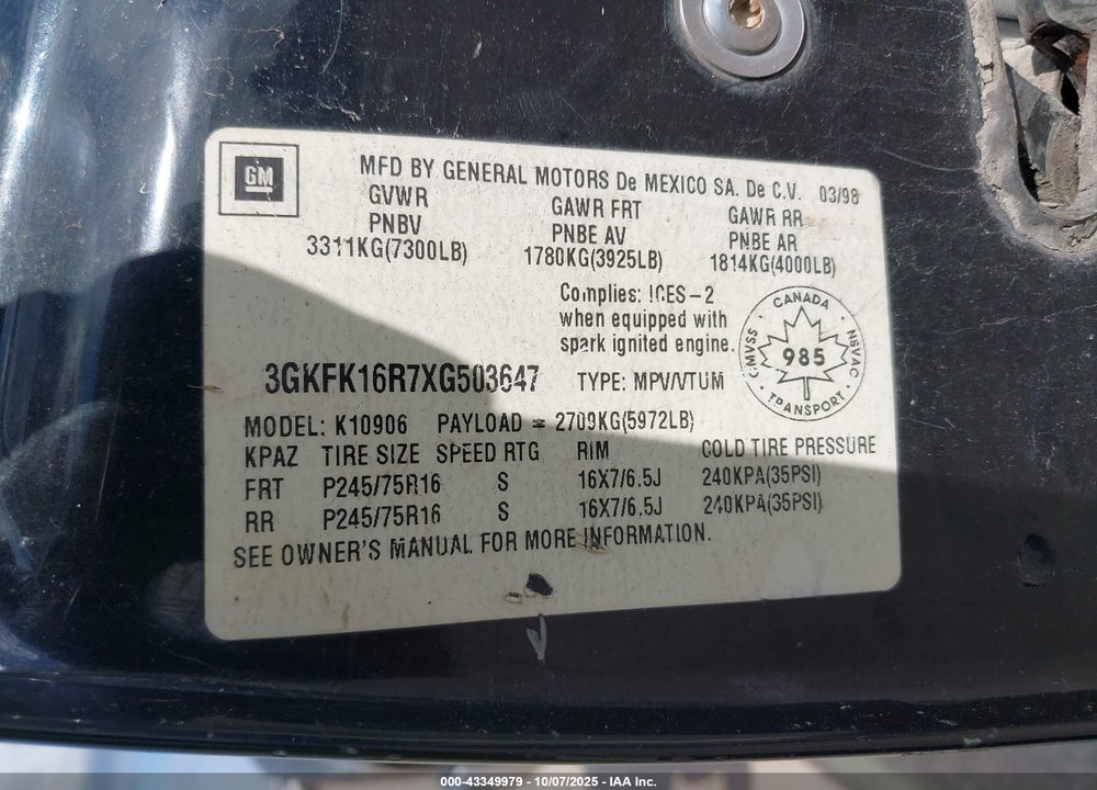 1999 GMC SUBURBAN 1500 SL VIN: 3GKFK16R7XG503647