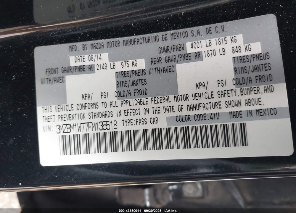 2015 MAZDA 3 VIN: 3MZBM1W77FM135518