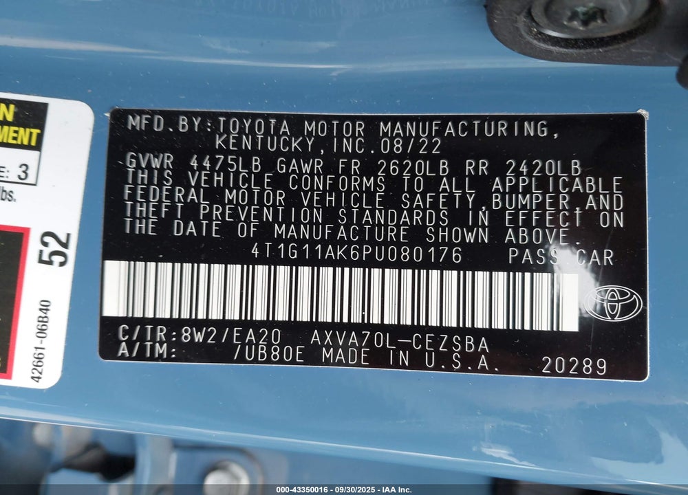 2023 TOYOTA CAMRY SE VIN: 4T1G11AK6PU080176