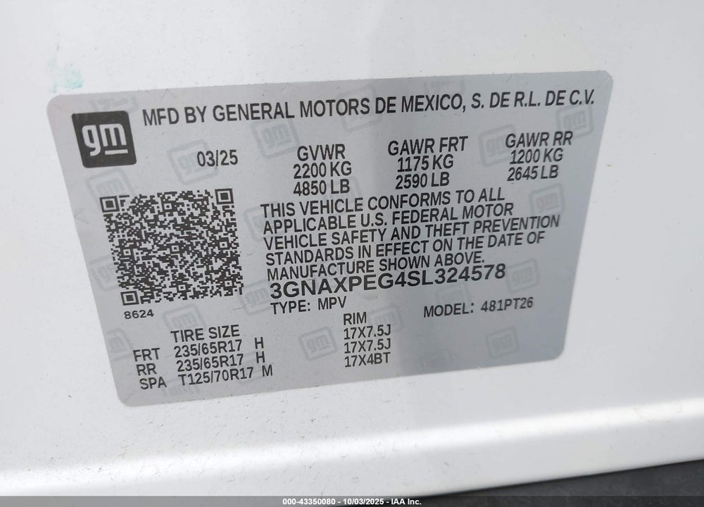 2025 CHEVROLET EQUINOX VIN: 3GNAXPEG4SL324578
