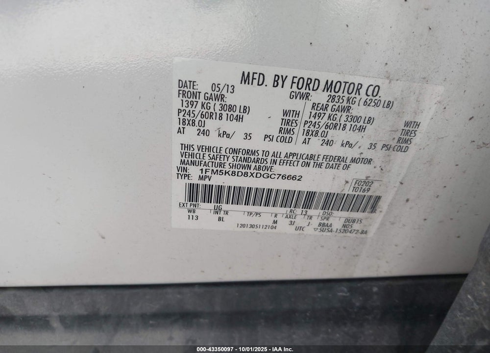 2013 FORD EXPLORER VIN: 1FM5K8D8XDGC76662