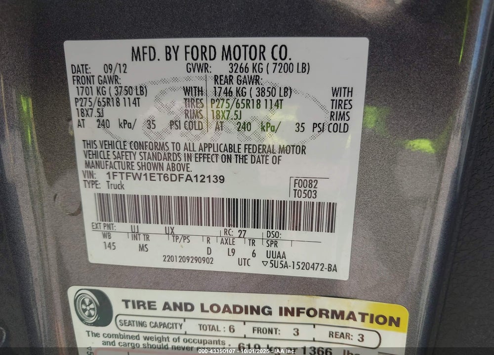 2013 FORD F-150 XLT VIN: 1FTFW1ET6DFA12139