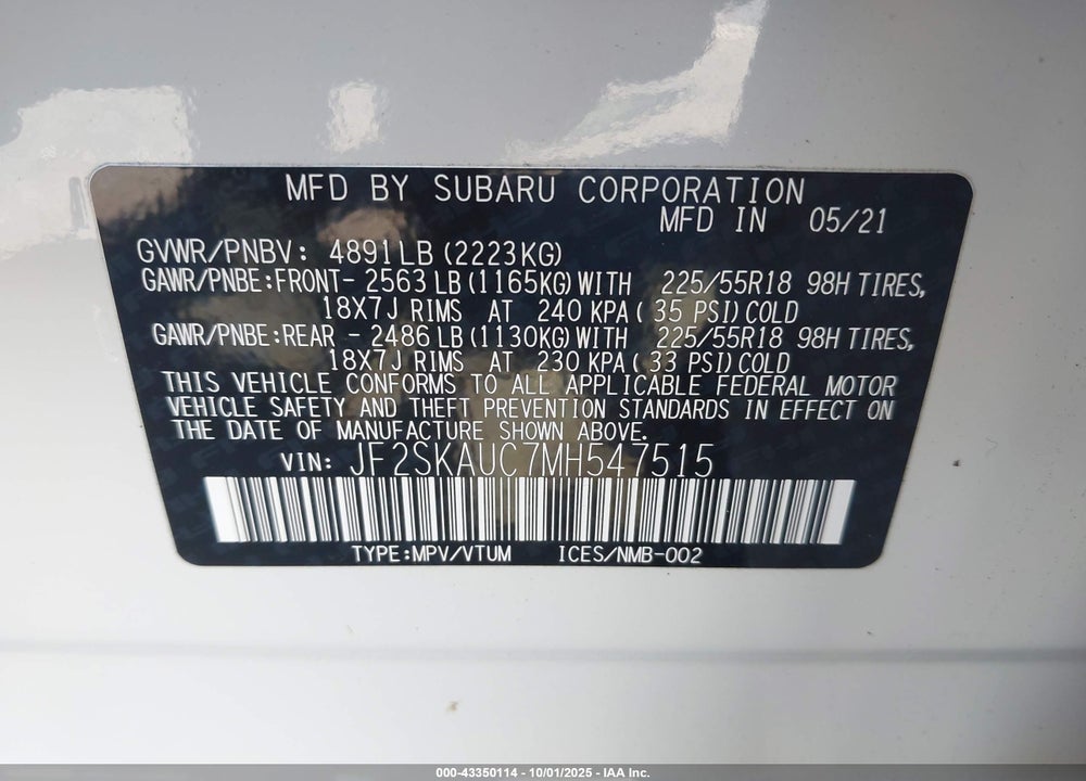 2021 SUBARU FORESTER LIMITED VIN: JF2SKAUC7MH547515