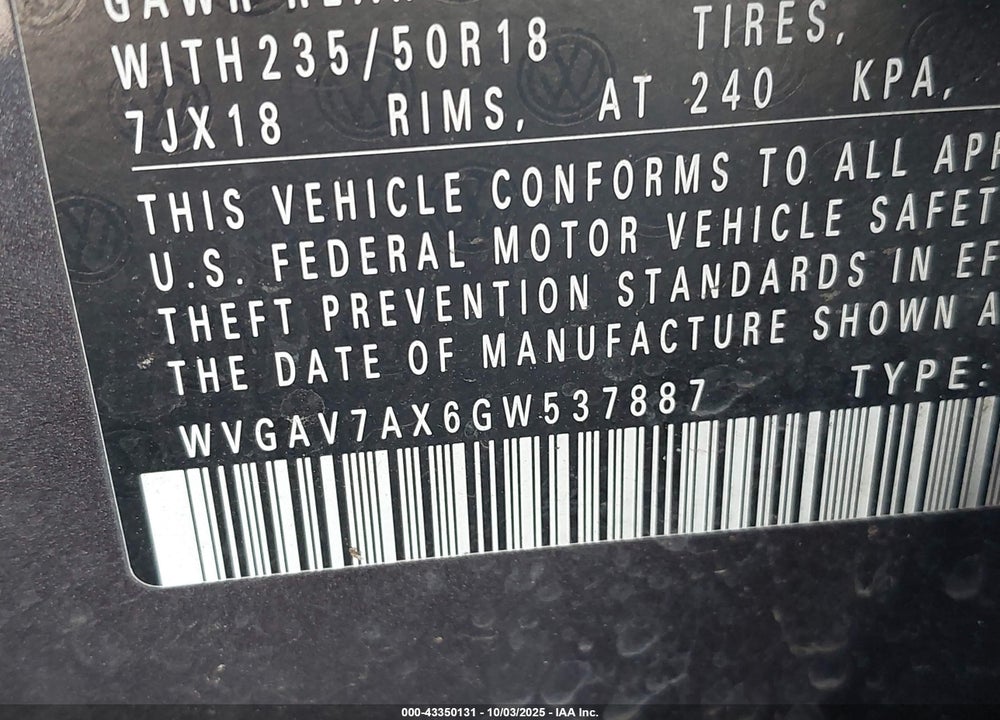 2016 VOLKSWAGEN TIGUAN VIN: WVGAV7AX6GW537887