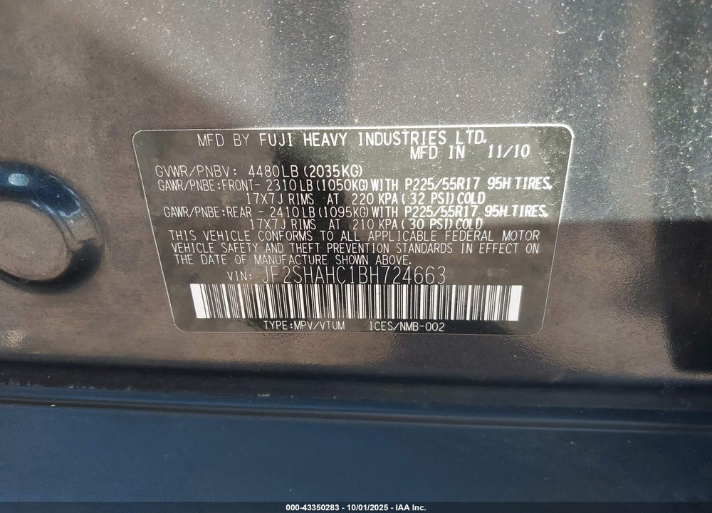 2011 SUBARU FORESTER 2.5X TOURING VIN: JF2SHAHC1BH724663