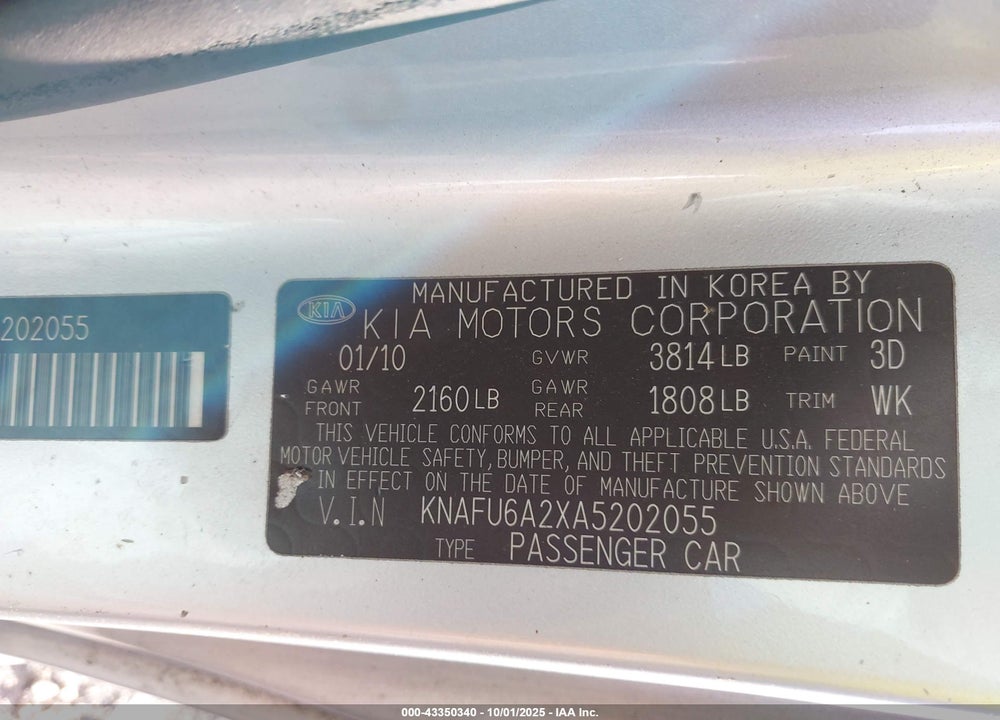 2010 KIA FORTE VIN: KNAFU6A2XA5202055