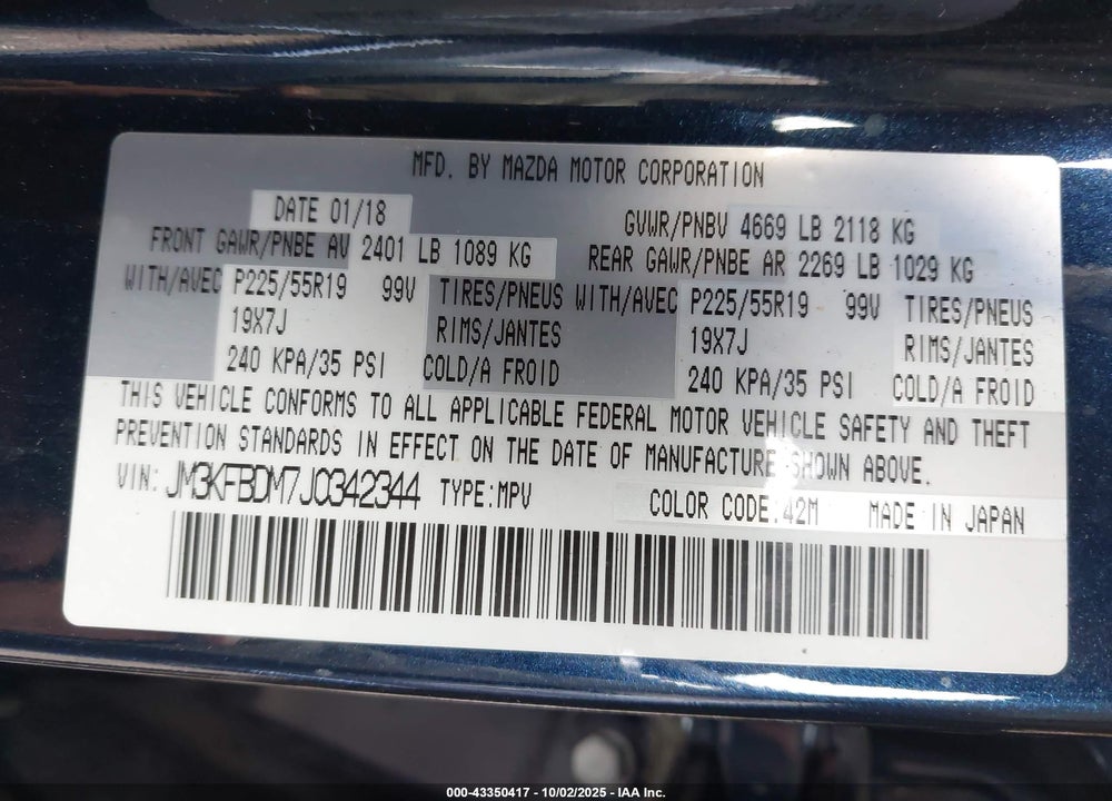 2018 MAZDA CX-5 GRAND TOURING VIN: JM3KFBDM7J0342344