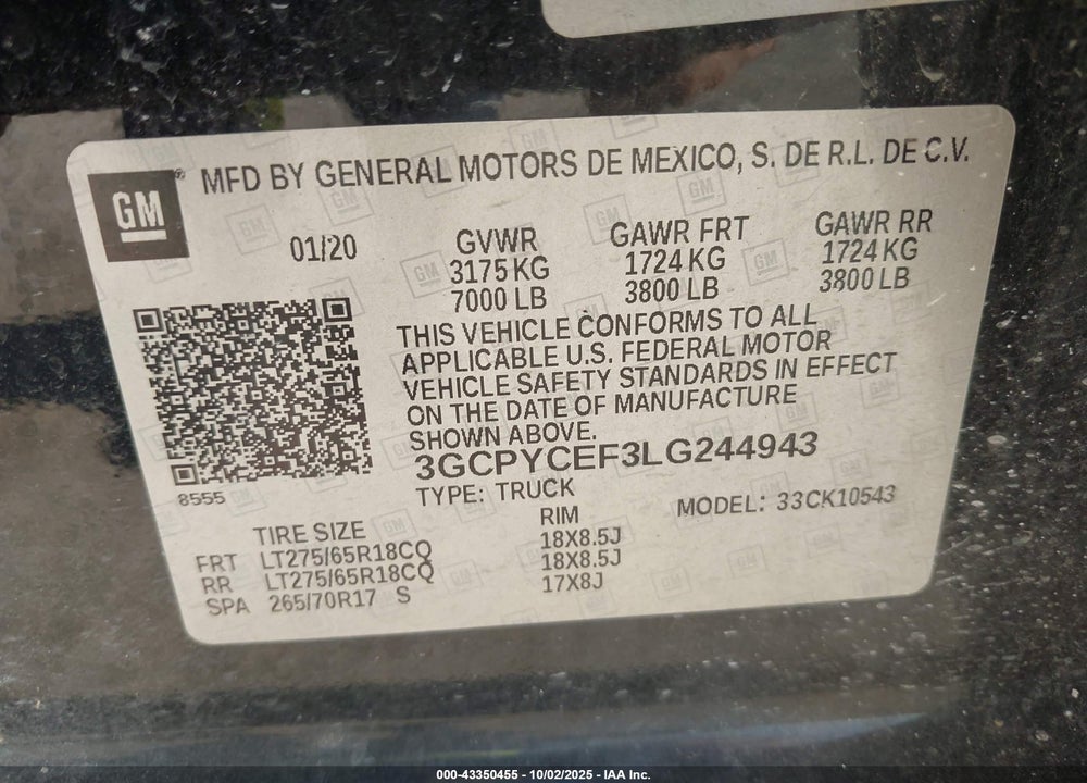 2020 CHEVROLET SILVERADO 1500 VIN: 3GCPYCEF3LG244943