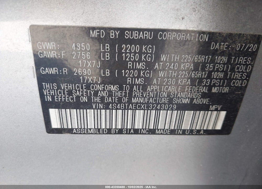 2020 SUBARU OUTBACK PREMIUM VIN: 4S4BTAECXL3243029