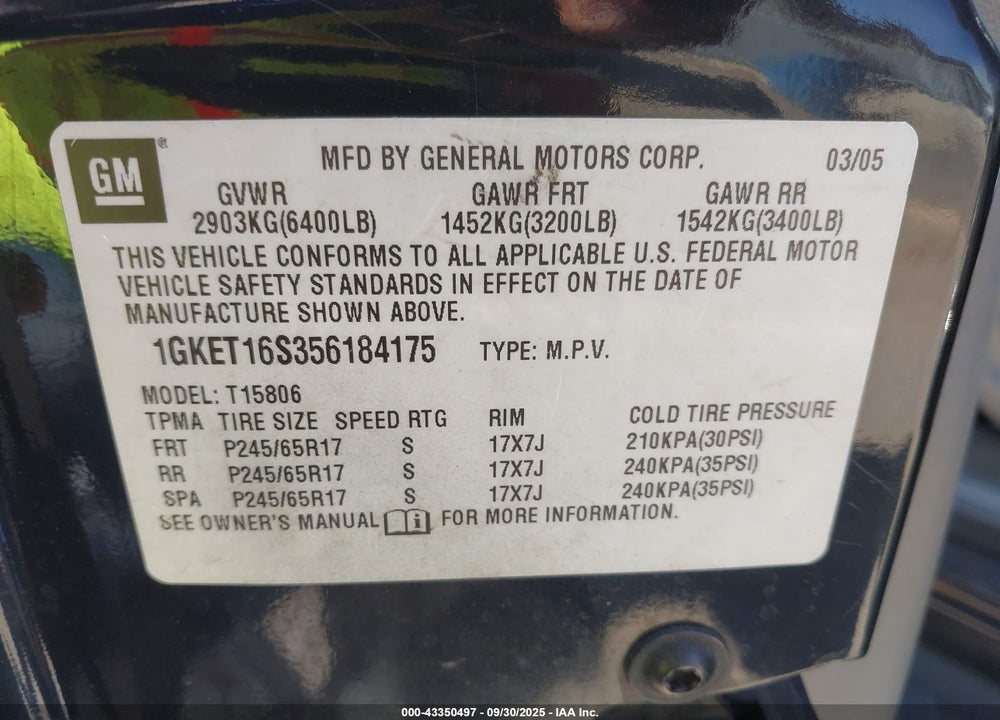 2005 GMC ENVOY XL SLE VIN: 1GKET16S356184175