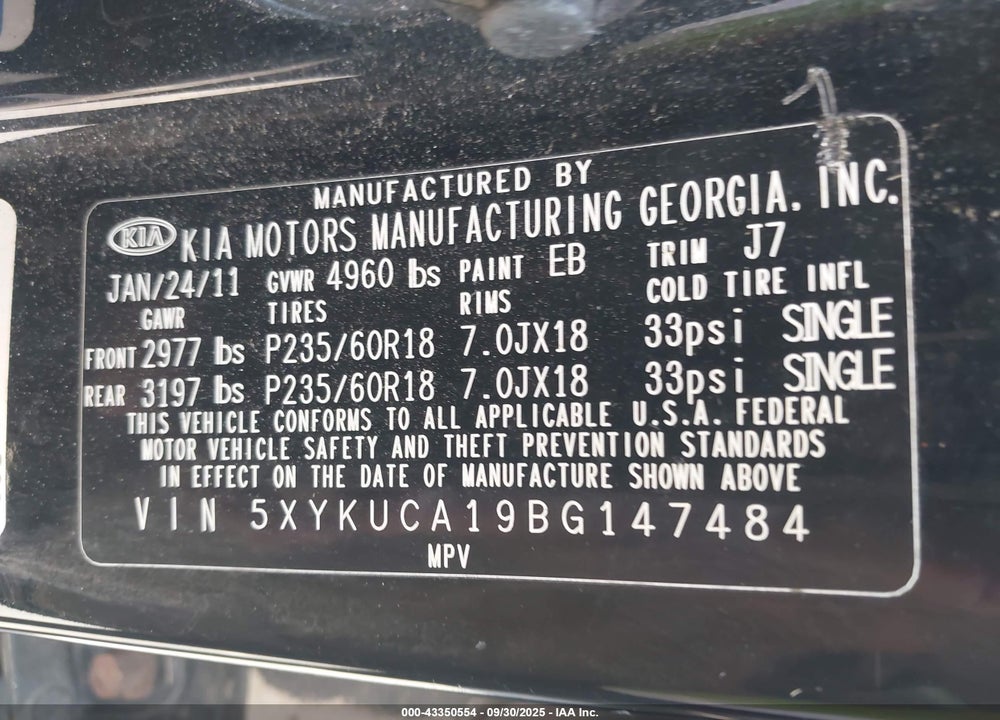 2011 KIA SORENTO VIN: 5XYKUCA19BG147484