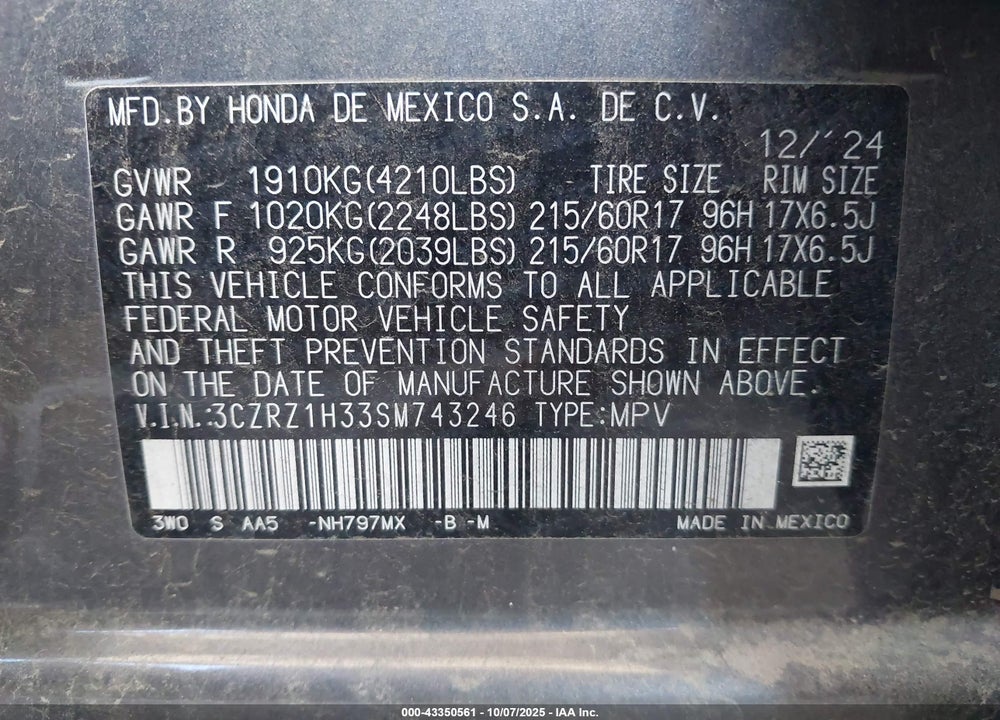 2025 HONDA HR-V VIN: 3CZRZ1H33SM743246
