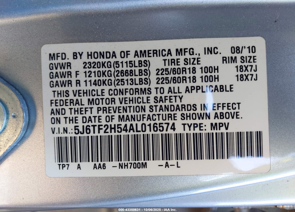 2010 HONDA ACCORD CROSSTOUR EX-L VIN: 5J6TF2H54AL016574