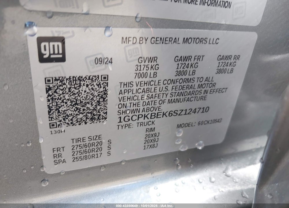2025 CHEVROLET SILVERADO 1500 VIN: 1GCPKBEK6SZ124710