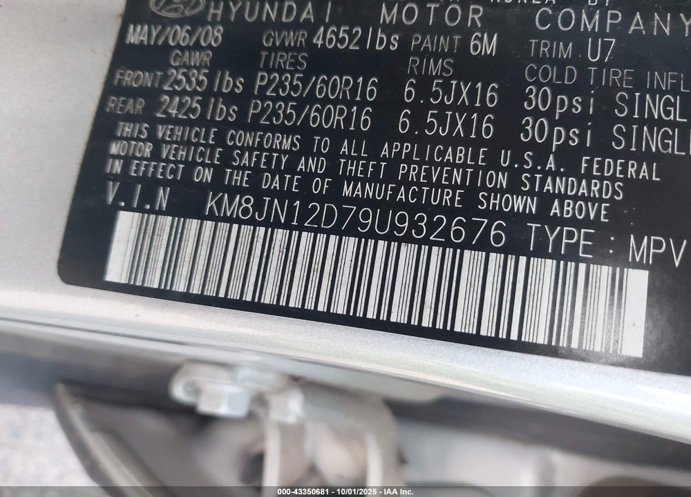 2009 HYUNDAI TUCSON VIN: KM8JN12D79U932676