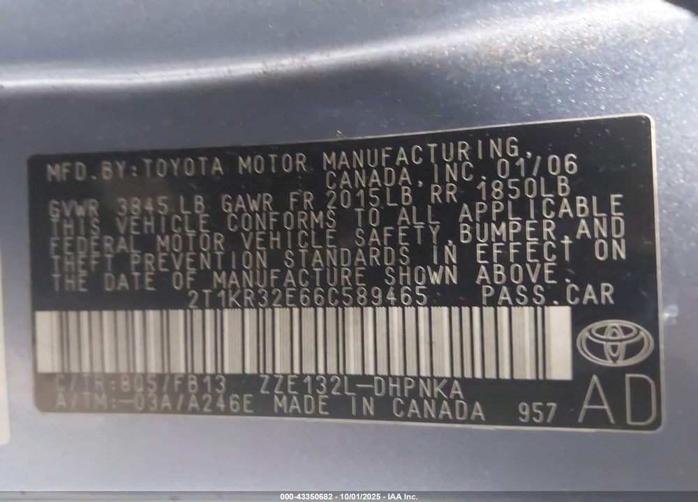 2006 TOYOTA MATRIX/XR VIN: 2T1KR32E66C589465