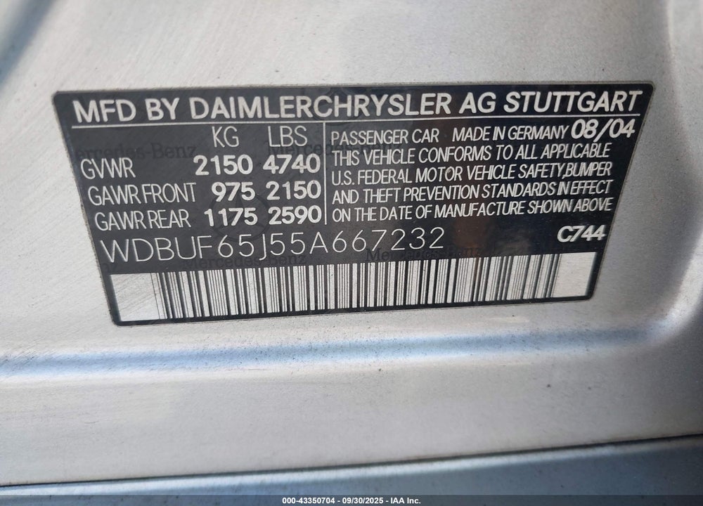 2005 MERCEDES-BENZ E 320 VIN: WDBUF65J55A667232
