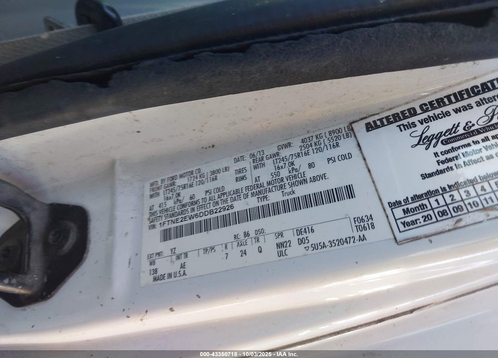 2013 FORD E-250 COMMERCIAL VIN: 1FTNE2EW6DDB22926