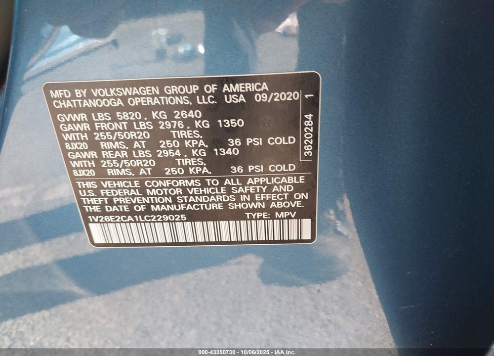 2020 VOLKSWAGEN ATLAS CROSS SPORT VIN: 1V26E2CA1LC229025