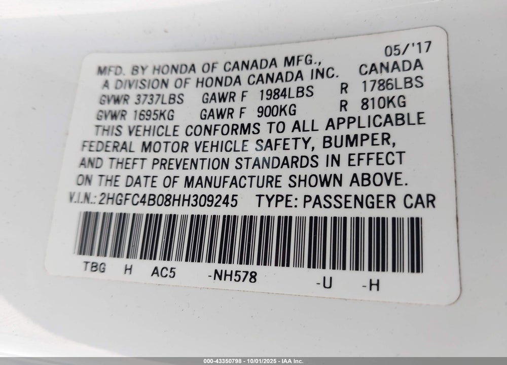 2017 HONDA CIVIC VIN: 2HGFC4B08HH309245