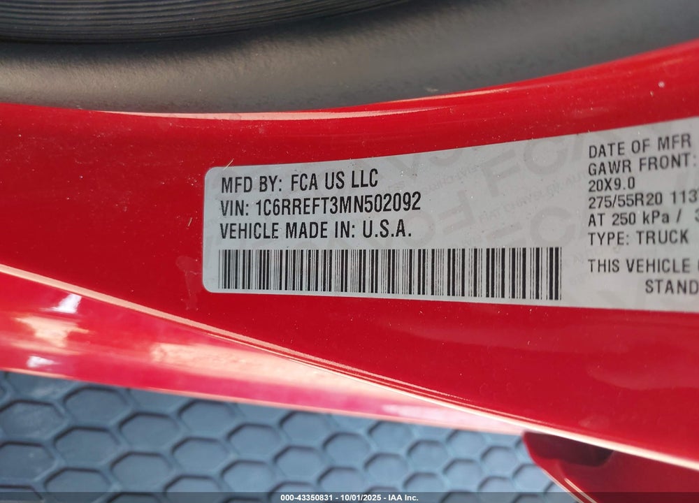 2021 RAM 1500 VIN: 1C6RREFT3MN502092