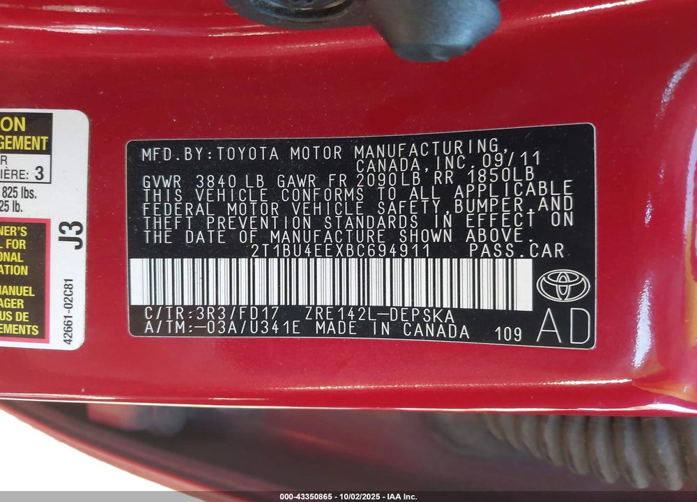 2011 TOYOTA COROLLA S VIN: 2T1BU4EEXBC694911