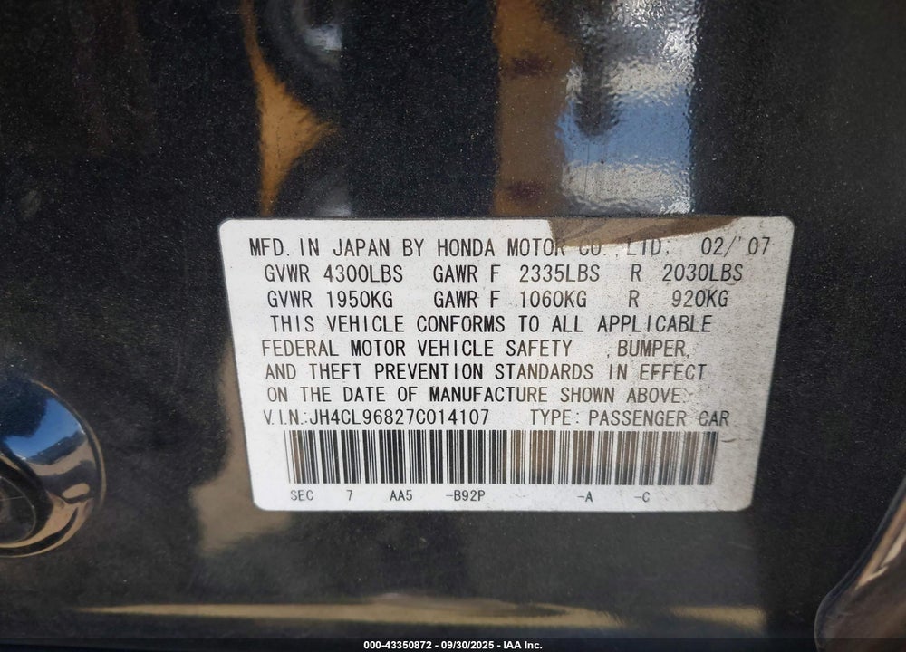 2007 ACURA TSX VIN: JH4CL96827C014107