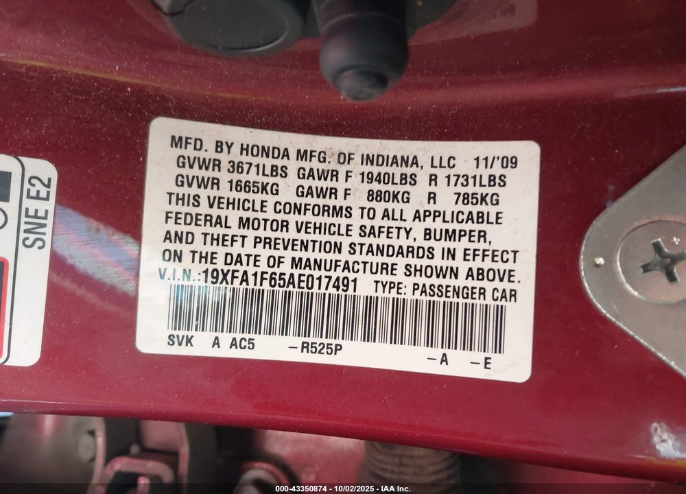 2010 HONDA CIVIC VIN: 19XFA1F65AE017491