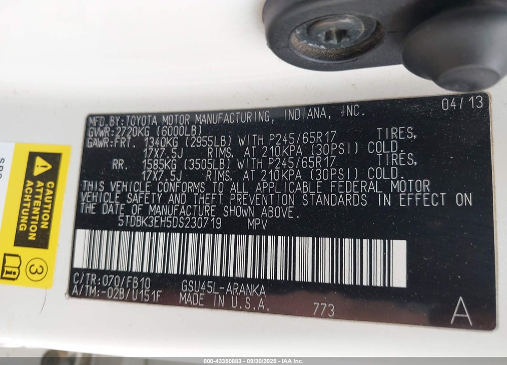 2013 TOYOTA HIGHLANDER BASE V6 VIN: 5TDBK3EH5DS230719