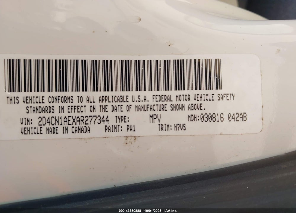 2010 DODGE GRAND CARAVAN C/V VIN: 2D4CN1AEXAR277344