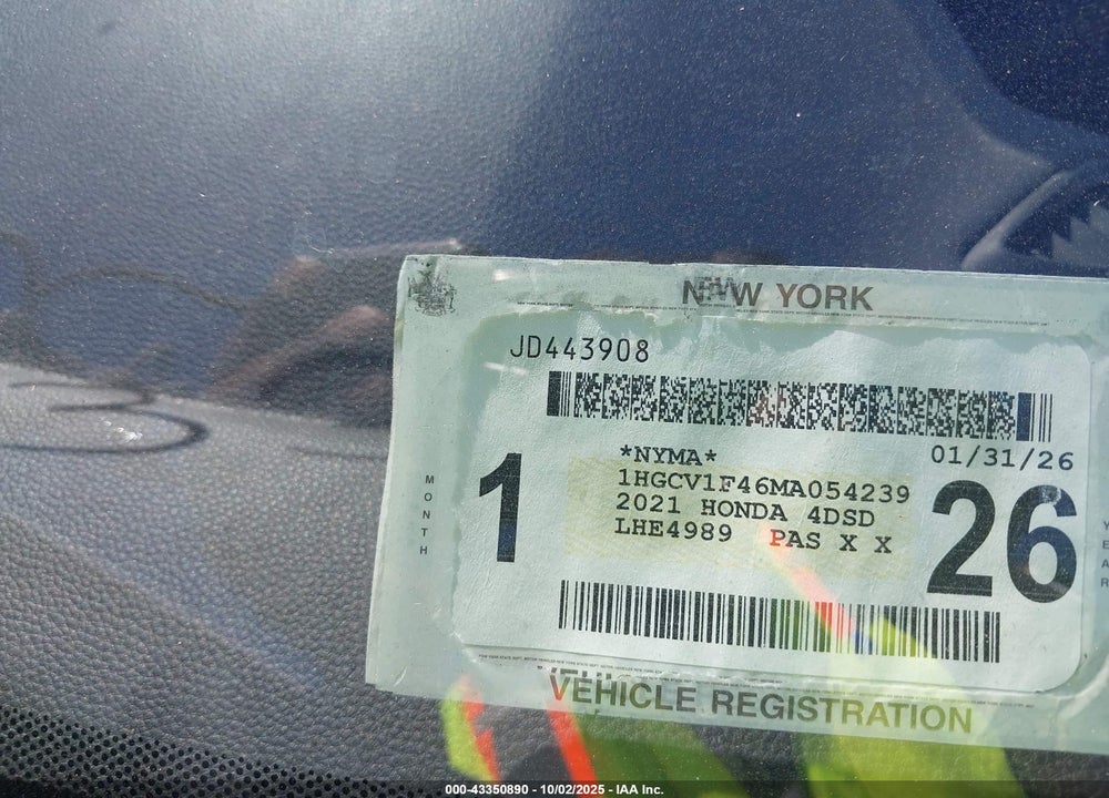 2021 HONDA ACCORD VIN: 1HGCV1F46MA054239