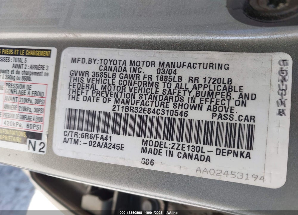 2004 TOYOTA COROLLA LE VIN: 2T1BR32E84C310546