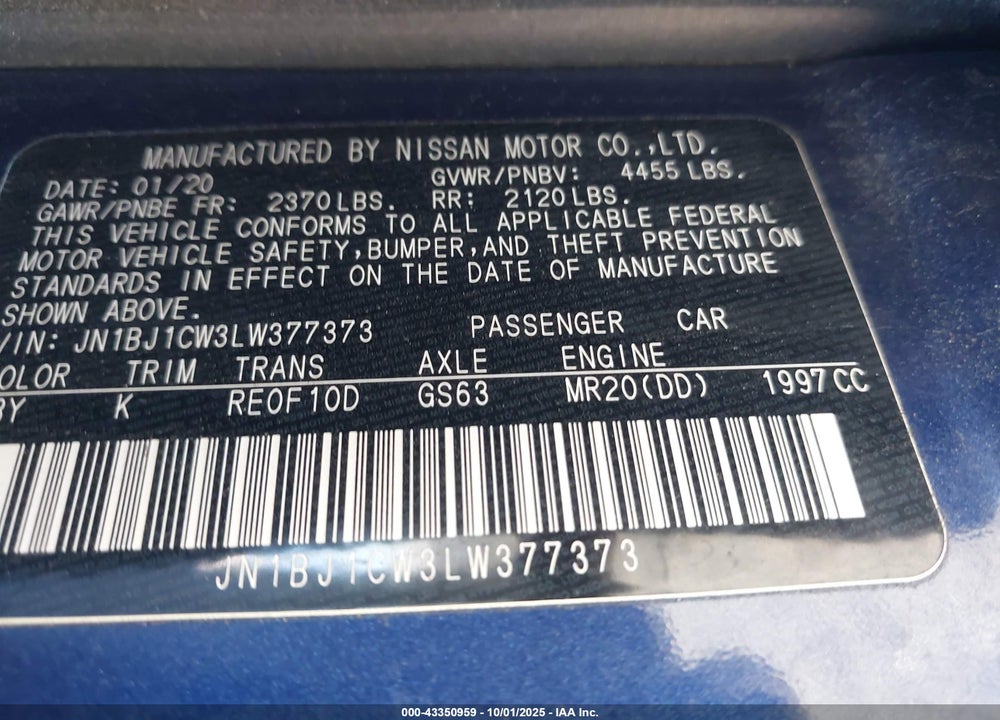 2020 NISSAN ROGUE SPORT VIN: JN1BJ1CW3LW377373