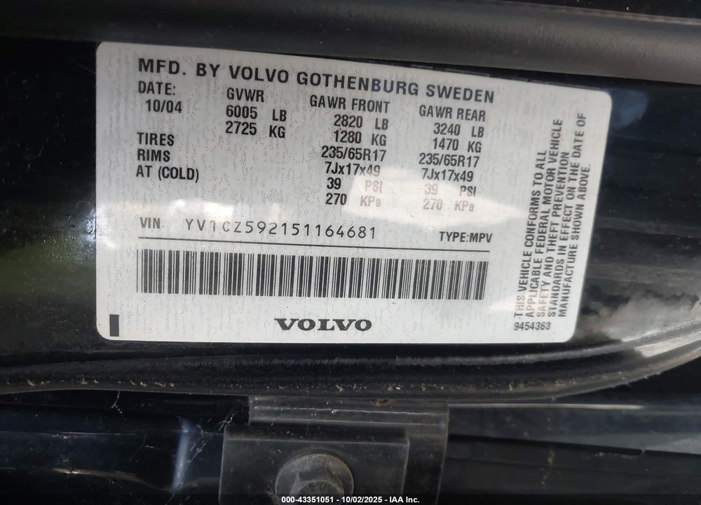 2005 VOLVO XC90 2.5T AWD VIN: YV1CZ592151164681