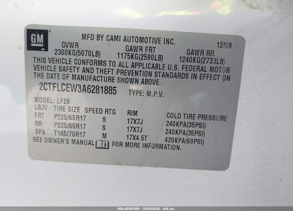 2010 GMC TERRAIN VIN: 2CTFLCEW3A6281885