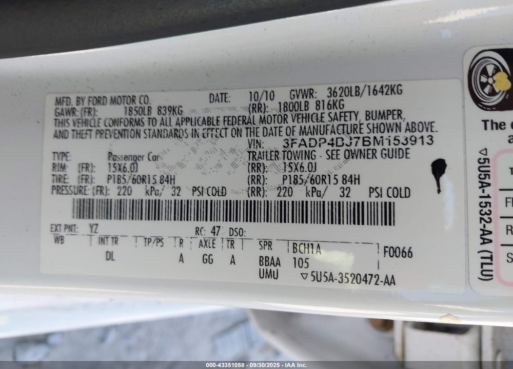 2011 FORD FIESTA VIN: 3FADP4BJ7BM153913