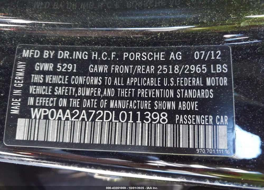 2013 PORSCHE PANAMERA 4 VIN: WP0AA2A72DL011398