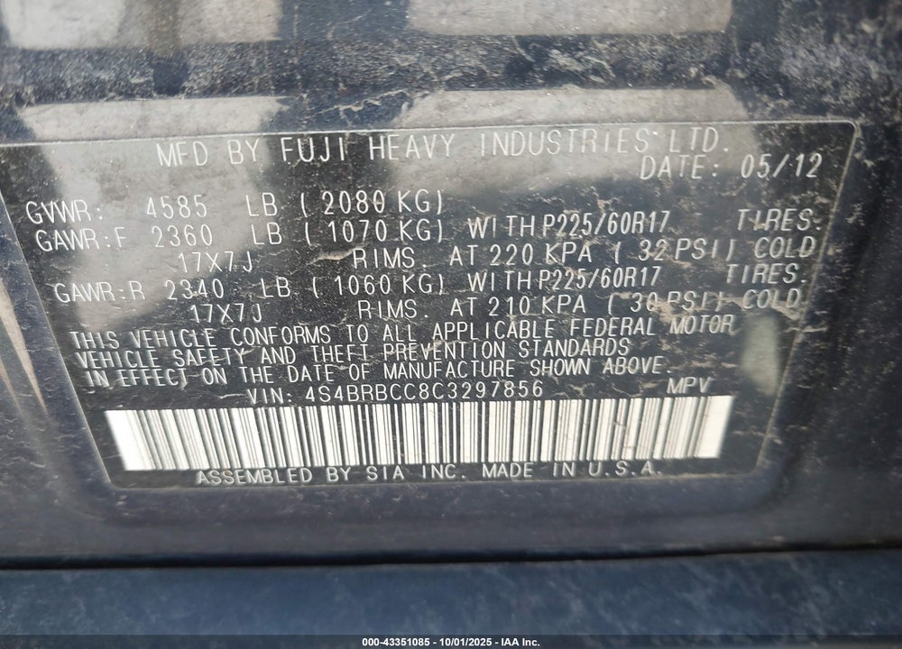 2012 SUBARU OUTBACK VIN: 4S4BRBCC8C3297856