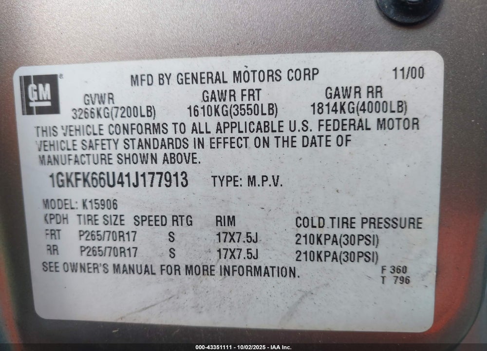 2001 GMC DENALI XL K1500 VIN: 1GKFK66U41J177913