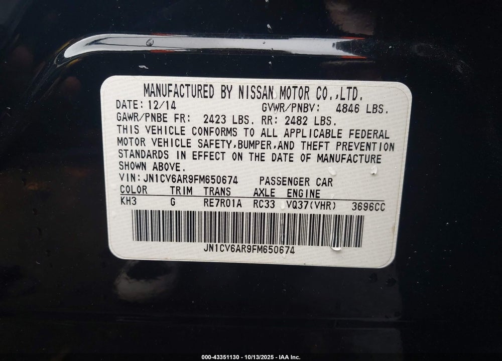 2015 INFINITI Q40 VIN: JN1CV6AR9FM650674