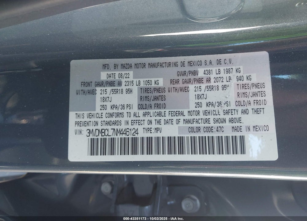 2022 MAZDA CX-30 VIN: 3MVDMBCL7NM446124
