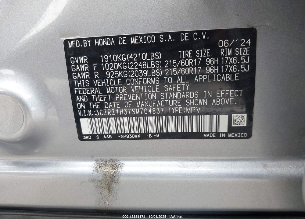 2025 HONDA HR-V VIN: 3CZRZ1H37SM704837