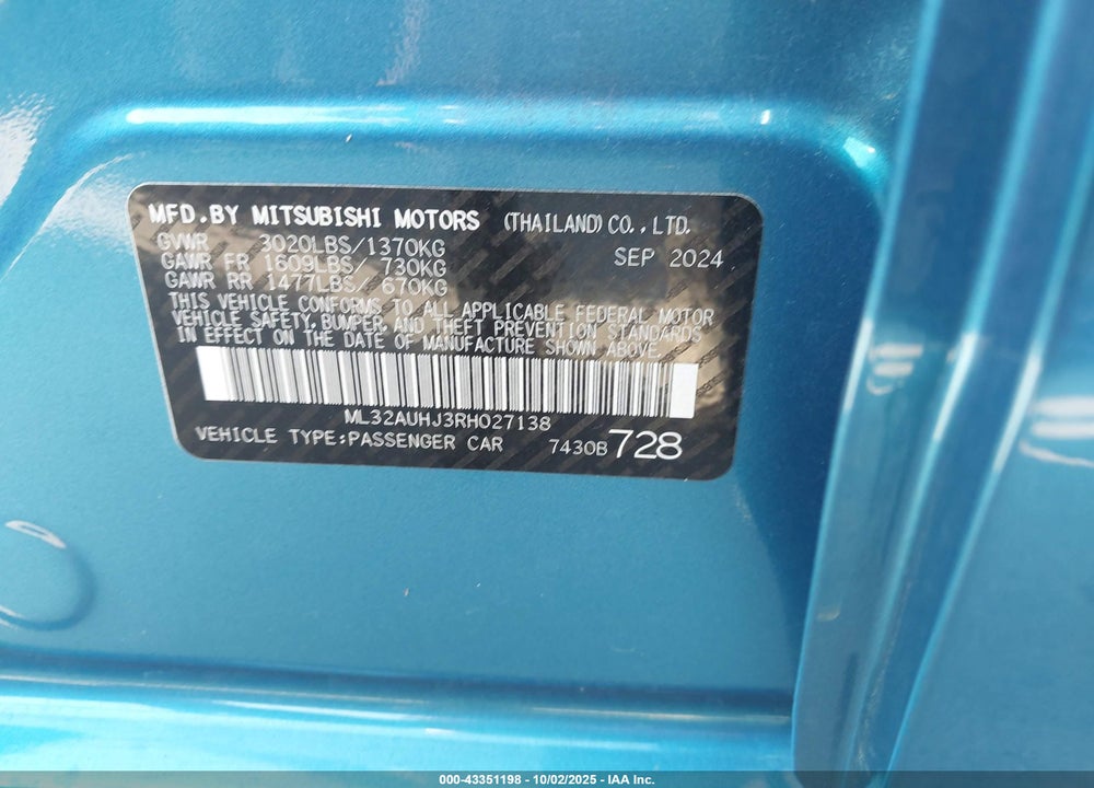 2024 MITSUBISHI MIRAGE VIN: ML32AUHJ3RH027138