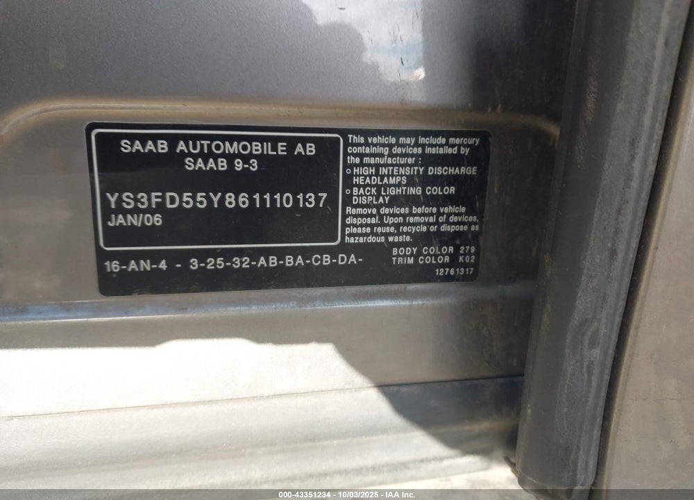 2006 SAAB 9-3 2.0T VIN: YS3FD55Y861110137
