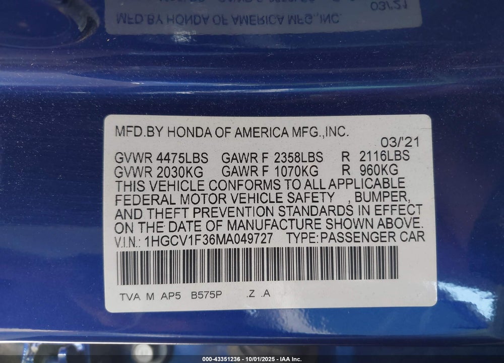 2021 HONDA ACCORD SPORT VIN: 1HGCV1F36MA049727