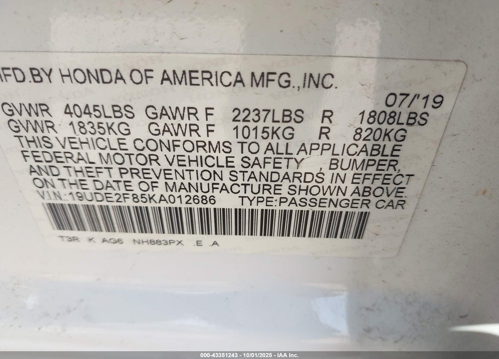 2019 ACURA ILX PREMIUM A-SPEC PACKAGES/TECHNOLOGY A-SPEC PACKAGES VIN: 19UDE2F85KA012686
