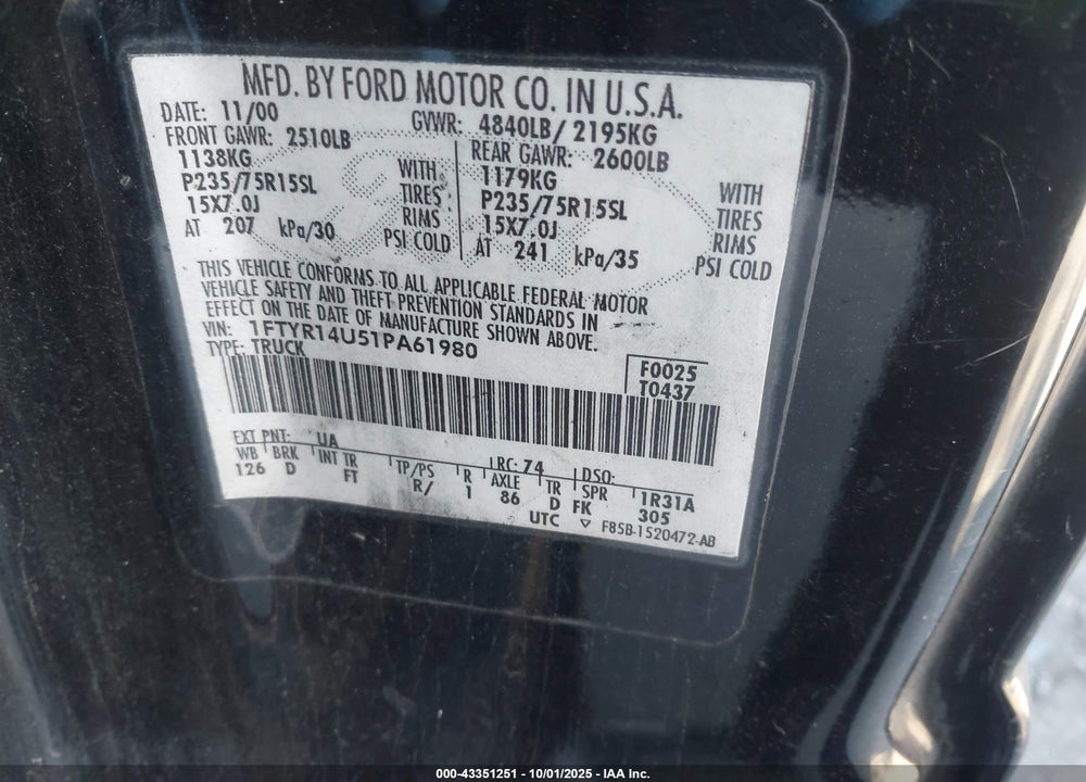 2001 FORD RANGER EDGE/XL/XLT VIN: 1FTYR14U51PA61980