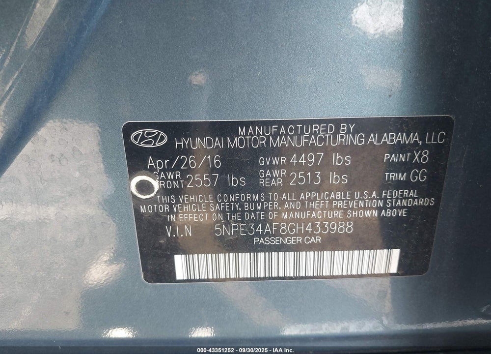 2016 HYUNDAI SONATA VIN: 5NPE34AF8GH433988